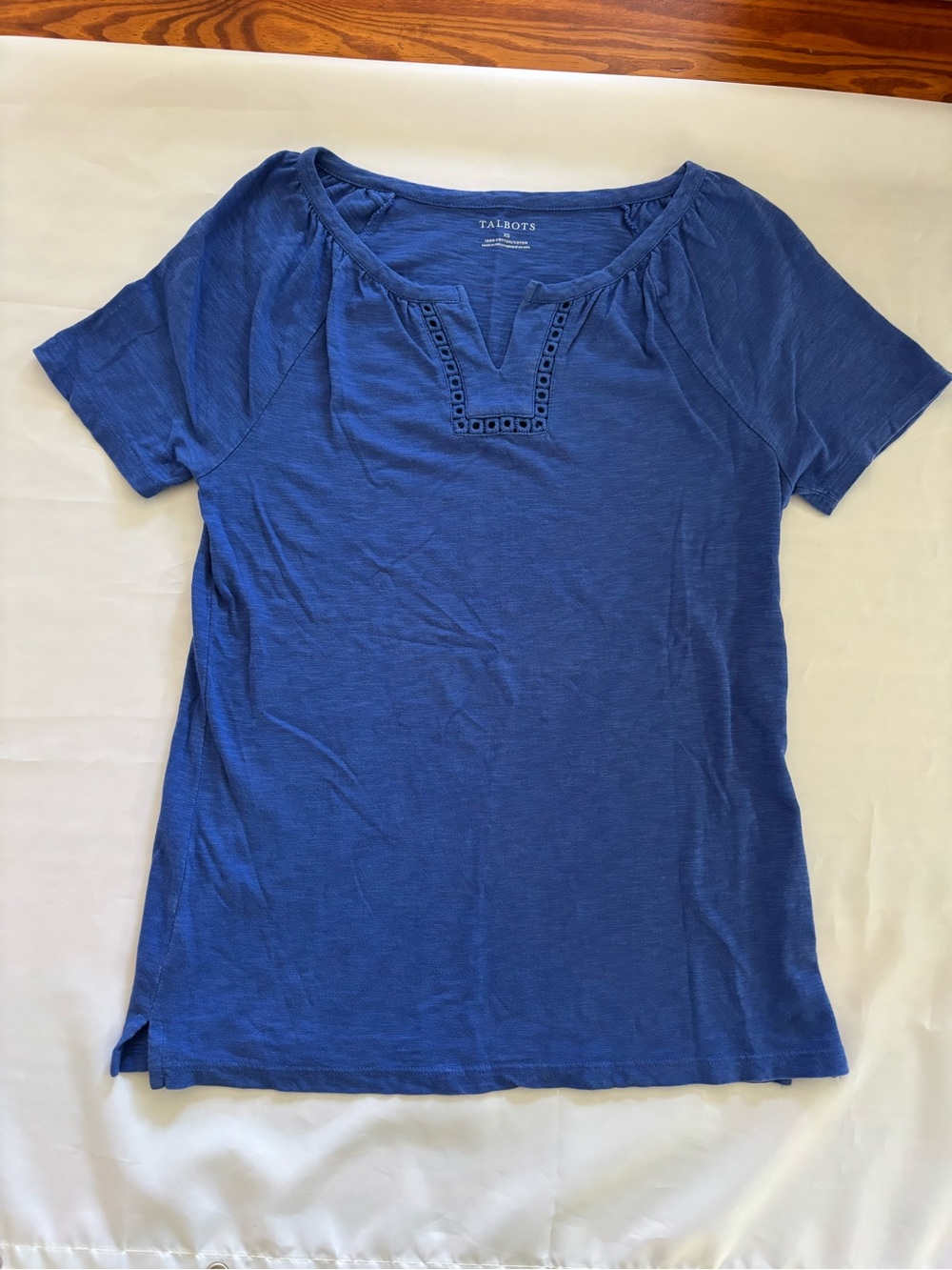 Talbots Royal Blue Short Sleeve Eyelet Split-Neck Tee
